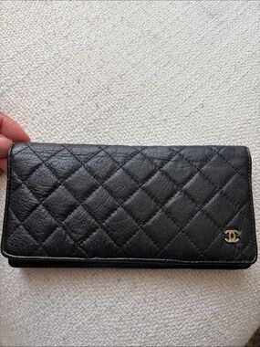 CHANEL Black Quilted Leather Long Wallet with Gold CC circa 1990